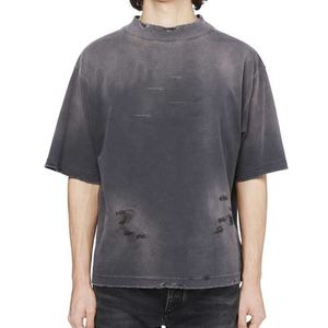 T-shirt vintage délavé et usé à manches courtes pour homme, coupe ample, col rond, gris uni - Product Image 1