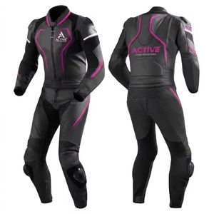 Combinaison de moto en cuir sur mesure à manches longues, noire et rose, coupe-vent, toutes saisons, pour la course - Product Image 1