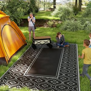 Tappeto da Esterno Reversibile Nero e Grigio con Bordo a Zucca 9FT X 18FT in Paglia Plastica Impermeabile con Borsa per il Trasporto - Product Image 2