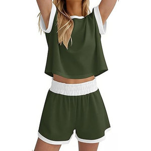 Ensemble 2 pièces décontracté d'été pour femmes : T-shirts à manches courtes en maille unie et shorts, 100 % coton satiné écologique - Product Image 3