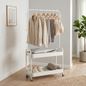 Organisateur de vêtements minimaliste en métal blanc avec chariot à 2 niveaux et porte-vêtements suspendu pour chambre à coucher - Product Image 1