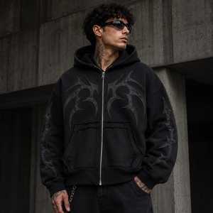 Men's Black <b>Gothic</b> Embossed Hooded Zip-Up Cotton Acid Wash Front Pocket Sweatshirt Regular Fit French Terry Regular Sleeve - Product Image 3