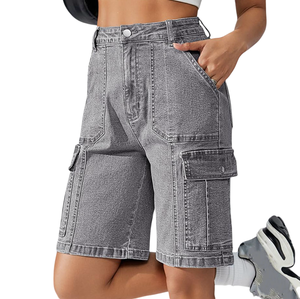 High Waist Cargo Shorts Women Gray Denim <b>Utility</b> Pocket Shorts Casual Stonewashed Cotton Regular Fit Button Fly - Product Image 3