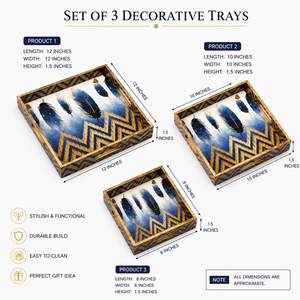 Ensemble de 3 plateaux de service en bois faits à la main – Plateaux décoratifs imprimés or pour la table et la décoration intérieure - Product Image 5