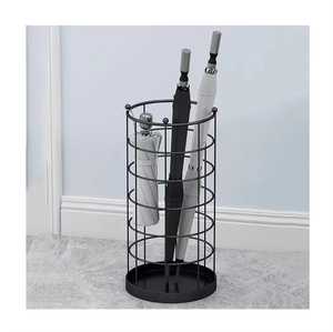 Modern <b>Black</b> Metal Grid Cylindrical Umbrella Stand Entryway Walking Stick Cane Storage Holder <b>Bin</b> Drip Tray Organiser - Product Image 1