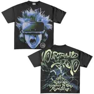 T-shirt à manches courtes noir pour homme, col rond, streetwear, imprimé avec un motif de casque VR - Product Image 1