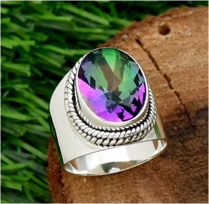 Wholesale Mystic Topaz <b>Ring</b> 925 Sterling <b>Silver</b> Handmade Oval Gemstone <b>Men</b> Statement Vintage Boho Custom Jewelry Bezel Setting - Product Image 5