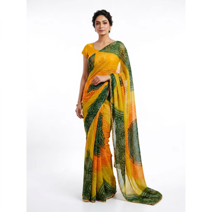 Yellow Green Digital Printed Georgette <b>Saree</b> <b>Women</b> Traditional Wedding Wear Floor Length Wrinkle Free Regular Fit Ready-Made - Product Image 1