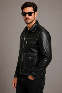 Veste en cuir véritable noire pour homme avec surpiqûres contrastantes blanches, fermeture éclair classique, style motard décontracté, respirante, en cuir de vachette premium pour l'hiver - Product Image 5