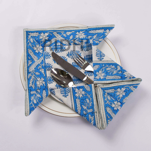Serviettes en coton 100% imprimées à la main avec des motifs floraux bleus, vente en gros, linge de table réutilisable, serviettes de table indiennes faites à la main - Product Image 1