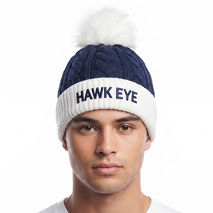 Bonnet en tricot torsadé bicolore tendance avec logo brodé personnalisé et pompon, bonnet d'hiver unisexe, mode streetwear - Product Image 6