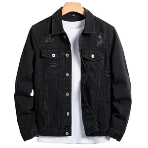 Veste en jean vintage déchirée et délavée, col rabattu, boutonnée, style streetwear effiloché - Product Image 1