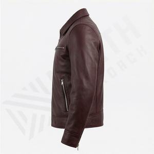 Chaqueta de cuero estilo motero con cuello de camisa, tres bolsillos frontales, ropa de calle a la moda, equipo de protección para motociclistas, color personalizado. - Product Image 3