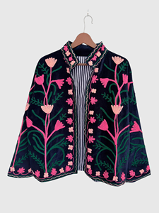 เสื้อแจ็คเก็ตกำมะหยี่ปักลายดอกไม้ ปกคอพับ แขนยาว ไซส์พลัส สไตล์ชนบทสำหรับผู้หญิง ใส่ได้ในฤดูใบไม้ร่วง - Product Image 1