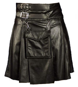 Compre nuestra colección de faldas escocesas de cuero fetiche Falda escocesa de cuero negra gótica moderna con bolsillo frontal ajustable Proveedor de Pakistán - Product Image 1