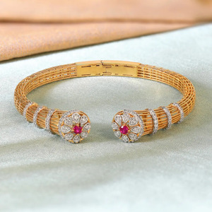 Twin Floral Crown Diamond <b>Bracelet</b> with Yellow Gold Ribbed Band and <b>Red</b> Stone Open End Design - Product Image 3