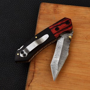 Cuchillo Plegable de Acero de Damasco con Mango de Micarta, Funda para Transporte Vertical, Cuchillo de Bolsillo EDC para Caza y Camping, Compatible con ODM OEM - Product Image 4