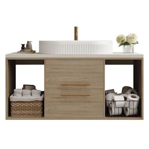 Mobile Bagno Moderno Sospeso da Parete 38.2 con Lavabo Ovale in Ceramica, Mobiletto Multistrato in Legno Massello e Cassetti con Chiusura Ammortizzata - Product Image 6