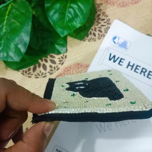 Handmade <b>Stitched</b> Beaded Cat Coin Pouch Storage Bag Single Compartment Black Beads White Eyes Artisan <b>Charm</b> Durable American - Product Image 2