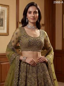 Elegant Olive Green Embroidered <b>Lehenga</b> With Beaded Crop Top And Organza Dupatta 2988-A - Product Image 1
