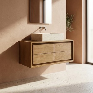 Meuble de salle de bain moderne en teck massif, 2 portes, design de rangement en bois naturel, fournisseur de meubles OEM ODM d'Indonésie - Product Image 2