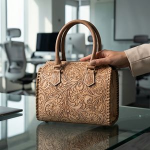 Bolso de Mano de Cuero Genuino 100% Hecho a Mano con Flores Talladas, Mini Bolso de Viaje de Lujo Estilo Western para Mujer - Product Image 1