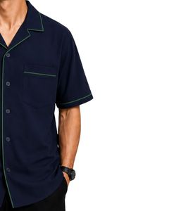 Manufacturer Custom <b>Navy</b> Blue Cuban Collar Men Shirt Green Contrast Piping Casual Half Sleeve Summer Streetwear Fashion <b>Top</b> Wear - Product Image 4