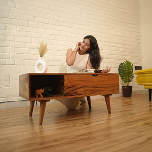 Mesa de Centro Moderna de Madera Maciza de Teca con Tapa Elevable para Estudio con Porta Laptop, Almacenamiento y Estantes Laterales, Mesa para Sala de Estar Woodensure - Product Image 4