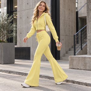 Women <b>Yellow</b> Hooded Heavyweight Quick Dry <b>Tracksuit</b> Set Full Sleeve Drawstring Casual Solid Color Regular Fit Polyester/Cotton - Product Image 3
