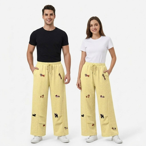 Cosh Sports Embroidered Dog Print Joggers Casual Yellow Loose-Fit Wide-Leg Baggy <b>Jeans</b> with Drawstring Waist - Product Image 1