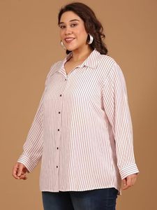 Chemise boutonnée à manches longues pour femmes, taille plus, rayée rouge et blanc, coupe classique, col à revers, viscose rayonne - Product Image 2