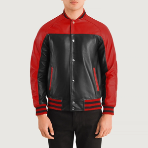 Men's <b>Red</b> Black PU Leather Bomber <b>Jacket</b> Regular Fit Turn-Down Collar Button Closure Color Blocking Autumn Wear - Product Image 1