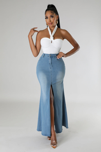 Women's Solid Spring <b>Stretch</b> <b>Denim</b> Straight Maxi Floor-Length Skirt - Product Image 4