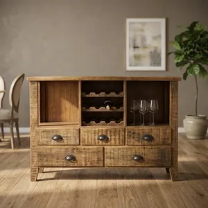 Consola de Madera Rústica para Botellas de Vino con Cajones de Almacenamiento, Estantes Abiertos y Soporte para Botellas, Mueble para Bar en Casa - Product Image 2