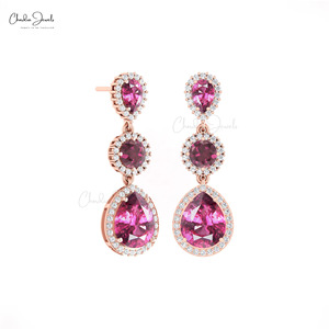 Triple Gemstone <b>Earrings</b> 10x8mm Pear Cut Rhodolite Garnet & Pave Diamond Halo Dangle with 14k Solid Gold Dual Birthstone <b>Earring</b> - Product Image 2