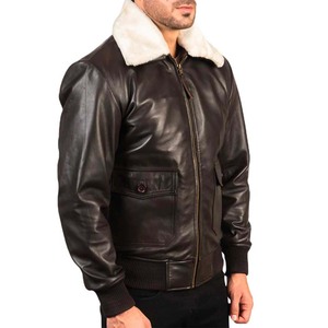 Blouson aviateur décontracté pour homme en cuir véritable marron vintage avec col en fourrure Sherpa et poignets côtelés pour l'hiver - Product Image 4