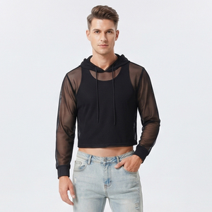 Men's Black Sheer Mesh Hoodie Crop Long Sleeve <b>Fishnet</b> Mesh Hoodies Men 100% Polyester Beachwear Mesh Hoodies Mens - Product Image 5