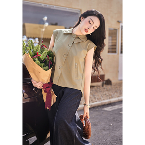 Blusa sin Mangas para Mujer, Diseño ODM OEM, Color Caqui, Pliegues en la Espalda, Cuello con Botones, Estilo Casual para Otoño e Invierno, Marca ELLERY - Product Image 6
