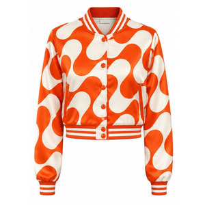Veste universitaire à imprimé géométrique orange et blanc pour femme, longueur courte, manches longues, col rabattu, polyester, automne - Product Image 2