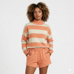 Conjunto de 2 Piezas para Mujer, Sudadera con Cuello Alto a Rayas y Pantalones Cortos con Cordón, Ropa Casual Holgada de Poliéster/Algodón - Product Image 5