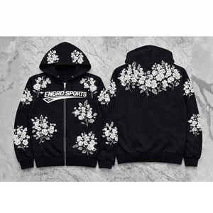 เสื้อฮู้ดพิมพ์ลายพัฟแบบกำหนดเอง – ลายดอกไม้สีขาว |   เสื้อฮู้ดซิปสีดำ |   ผู้ผลิต OEM เสื้อฮู้ดดีไซน์ลายดอกไม้ Snapdragon - Product Image 1