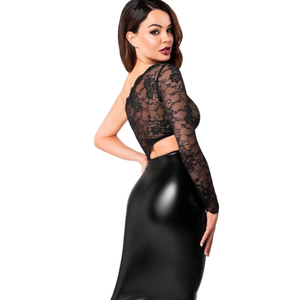 Robe de soirée moulante sexy à manches longues et taille haute, avec haut asymétrique en dentelle et jupe midi en similicuir noir uni - Product Image 2