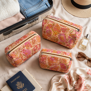 Premium Pink Orange Floral 3 Piece Quilted <b>Makeup</b> Pouch Set Cotton Cosmetic Bags for Women Travel Toiletry <b>Organizer</b> Gift Set - Product Image 2