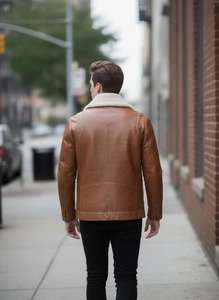 <b>Mens</b> Brown Black Shearling Leather Bomber <b>Jacket</b> Faux Fur Collar <b>Aviator</b> Flight Coat - Product Image 2