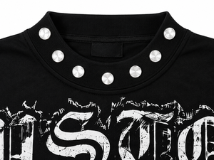 Nouveau style Crop top en jersey à strass, col rond, épaules tombantes, manches chauve-souris, avec motifs streetwear vintage - Product Image 4