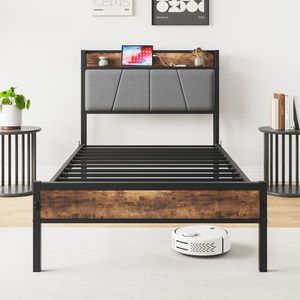 Letto singolo in metallo con testiera contenitore e stazione di ricarica, solido e stabile, silenzioso, non richiede rete a molle, facile da montare - Product Image 2