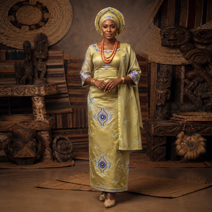 Olive Gold Luxury African Kaftan Dress with Blue Embroidery, Matching Gele Headwrap & <b>Shawl</b> for <b>Wedding</b> Wear - Product Image 1