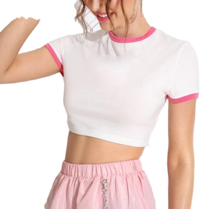Camiseta Corta de Moda para Mujer, Mezcla de Algodón, Cuello Redondo, Manga Corta, Tela Suave y Ligera, Elástica, Informal, Elegante, para Uso Diario - Product Image 1