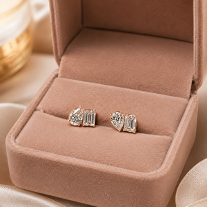 <b>Emerald</b> & Pear Lab Grown Diamond Toi et Moi <b>Stud</b> <b>Earrings</b> | 10K Gold Modern Minimalist <b>Earrings</b> | Luxury Fine Jewelry for Women - Product Image 4