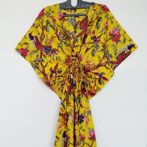 Robe kaftan en coton indien faite à la main avec imprimé d'oiseaux, robe kimono légère - Product Image 1